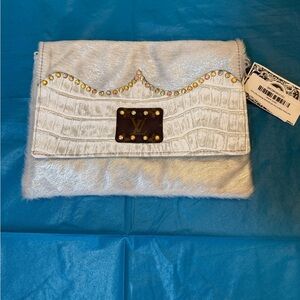 White Metallic Croc-Texture crossbody with LV rhinestone Accents